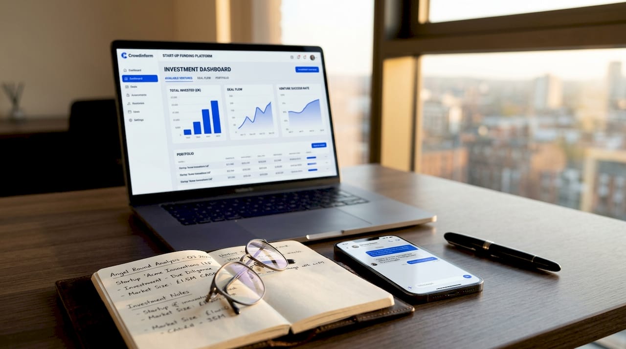 Investor toolkit with laptop and handwritten notes