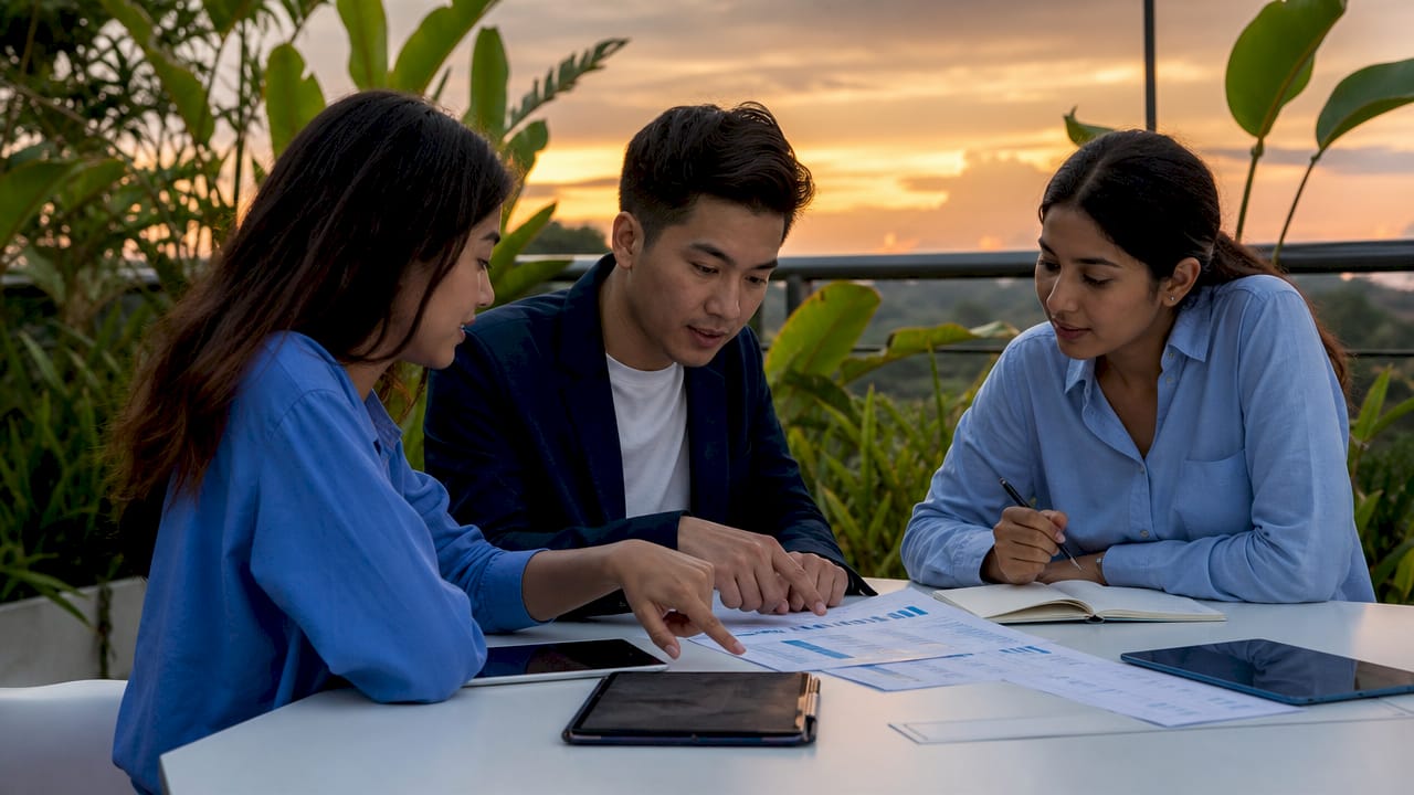 Team analyzing startup financial reports and tablets