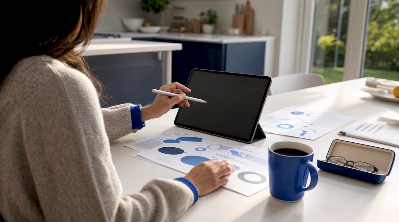 Hands over desk with investment analysis materials