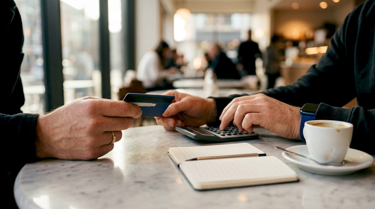 Hands calculating microinvesting round-up and fractional shares