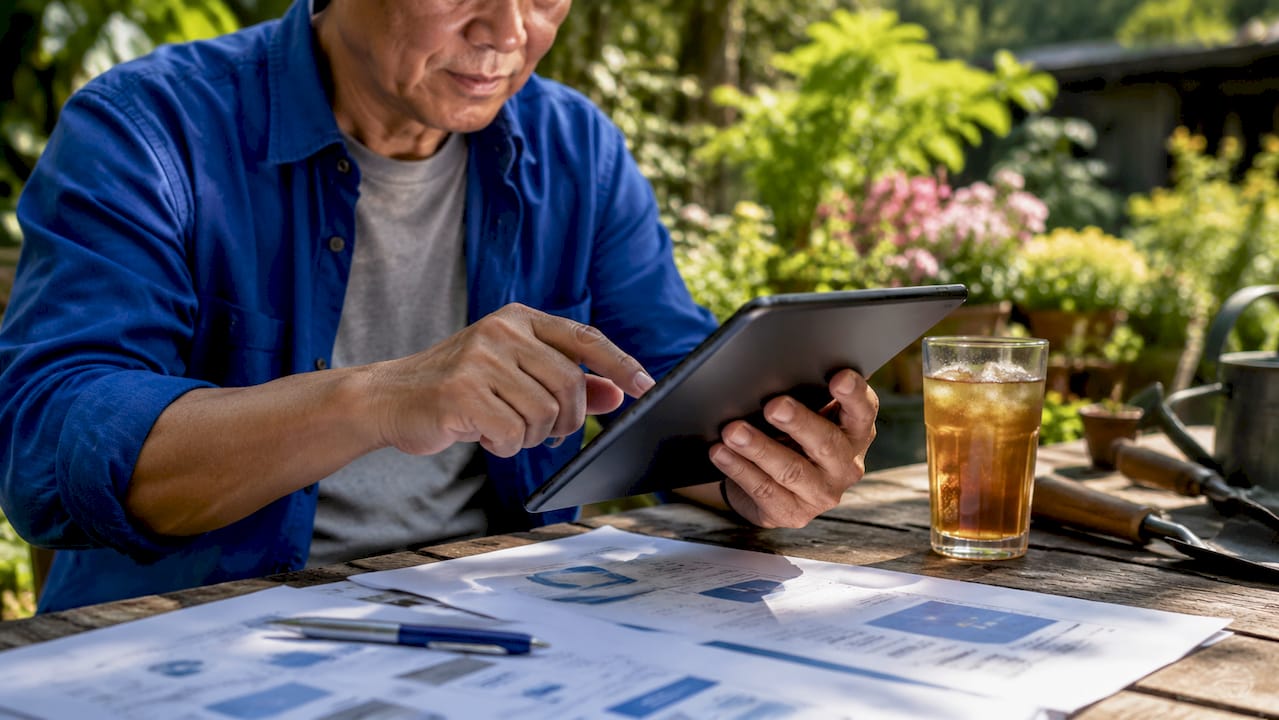 Close-up of hands using tablet reviewing investments