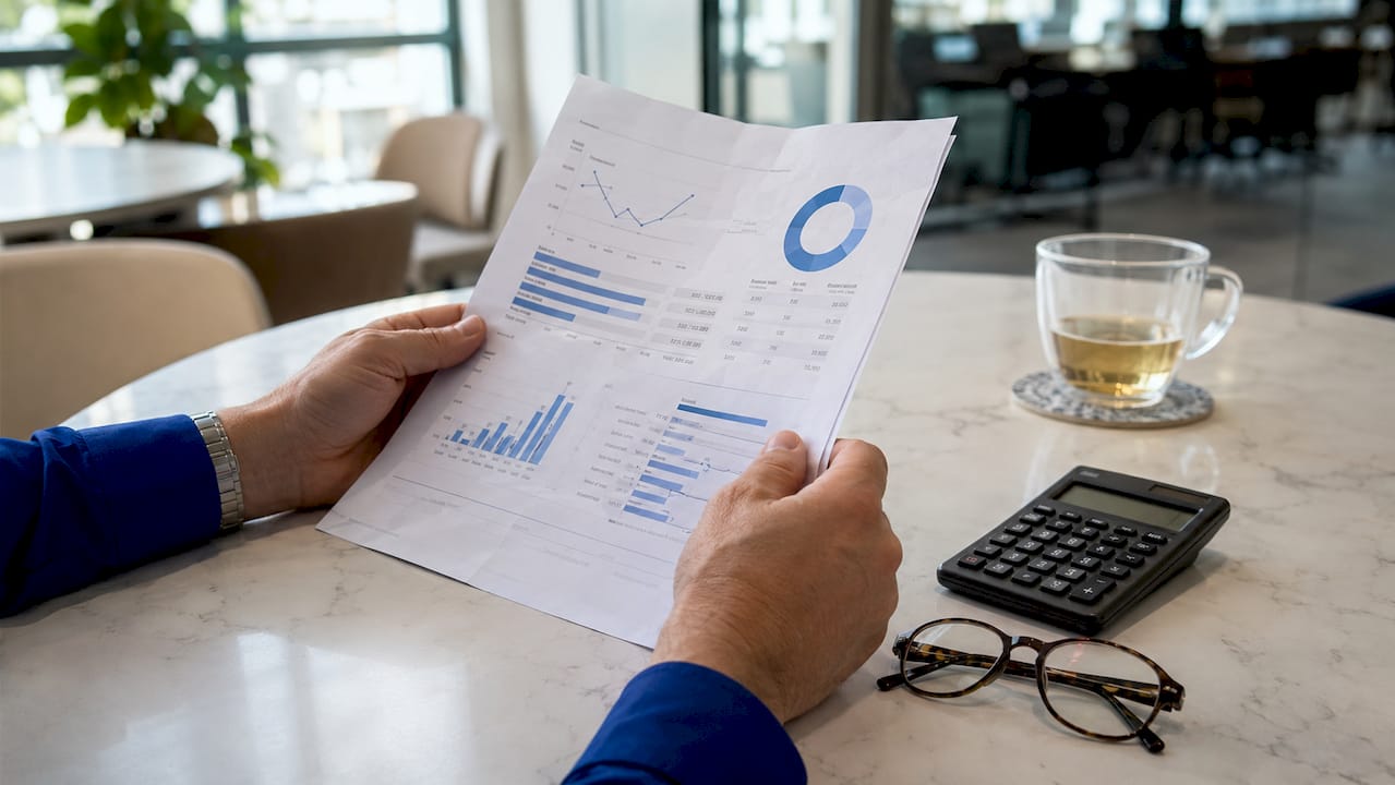 Close-up of hands analyzing investment risk data