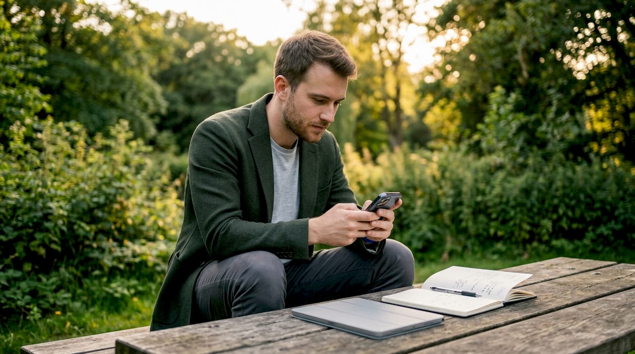 Man verifying organiser identity using smartphone in café