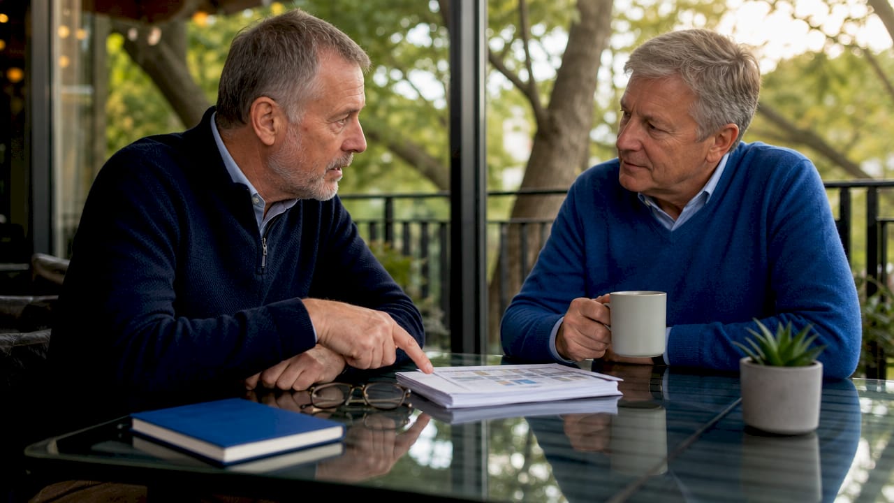 Two men reviewing investment platform evaluations