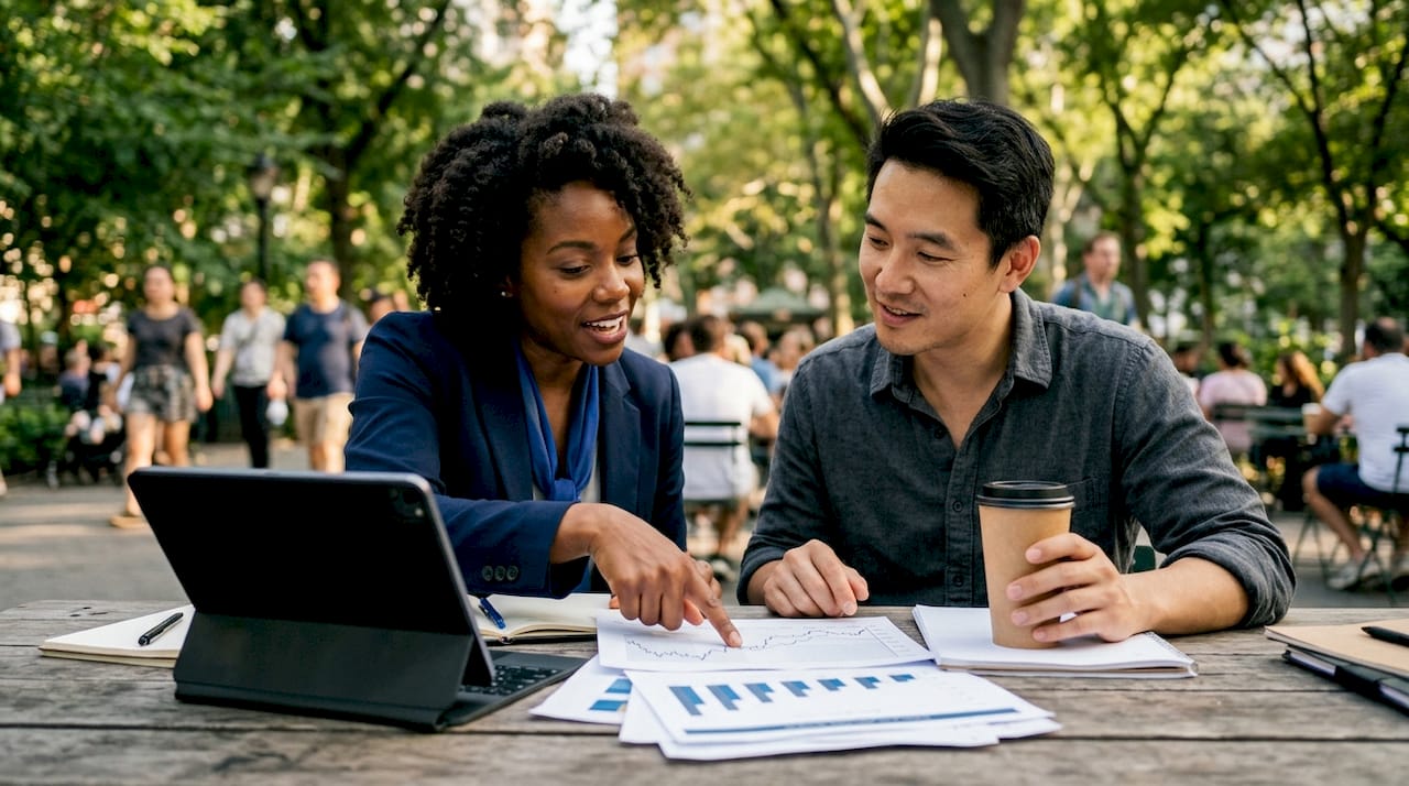 Professionals discussing investment trends at café table