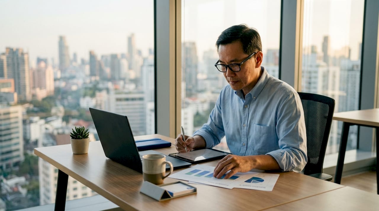 Man reviewing portfolio performance in office
