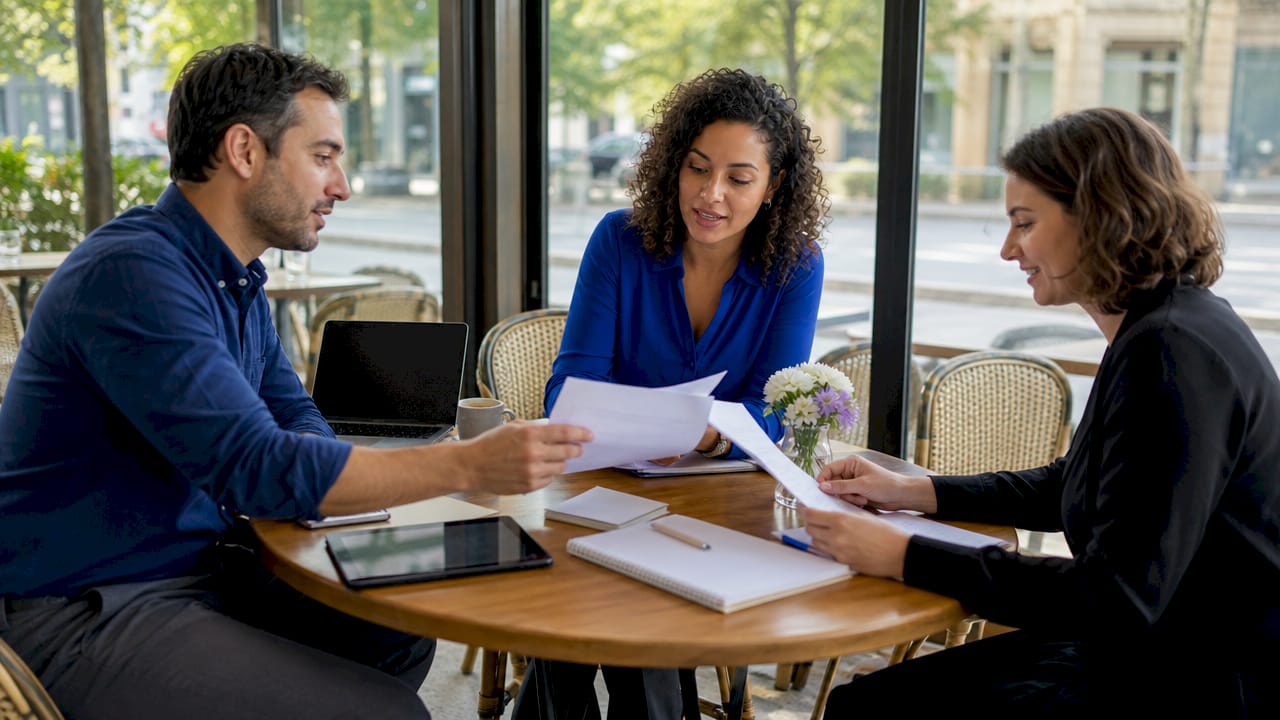 Investment team discussing offering documents