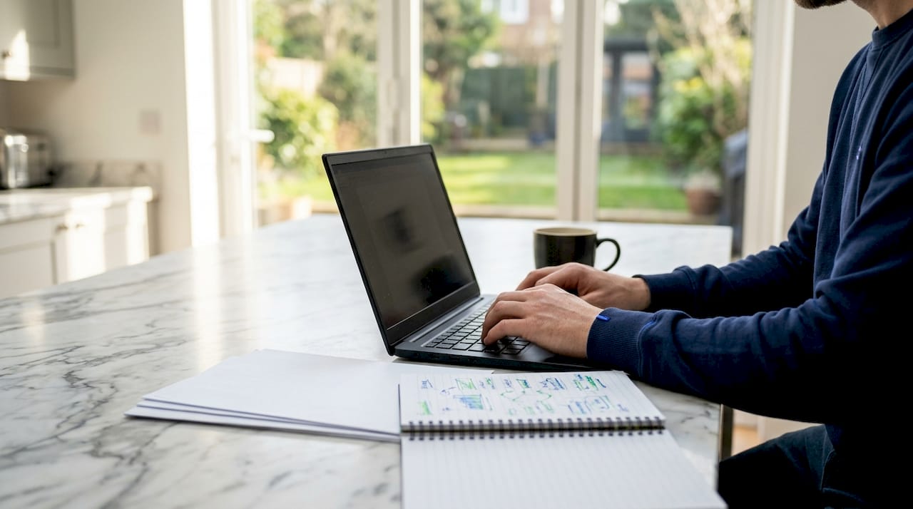 Hands typing on laptop with investment notes