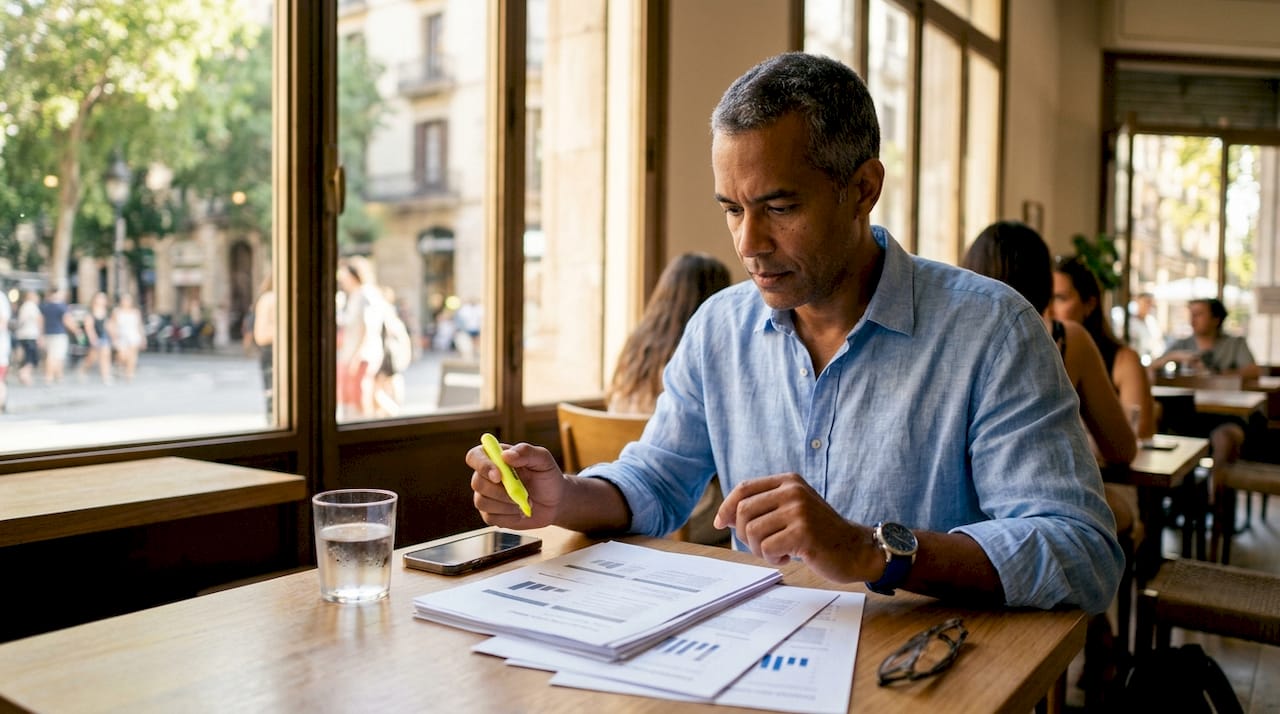 Man reviewing crowdfunding platform documents at desk