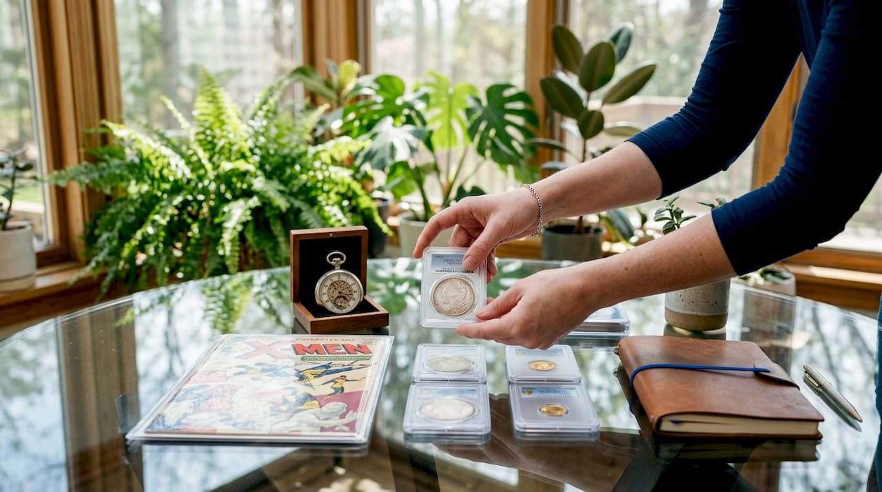 Hands arranging investment collectibles on table