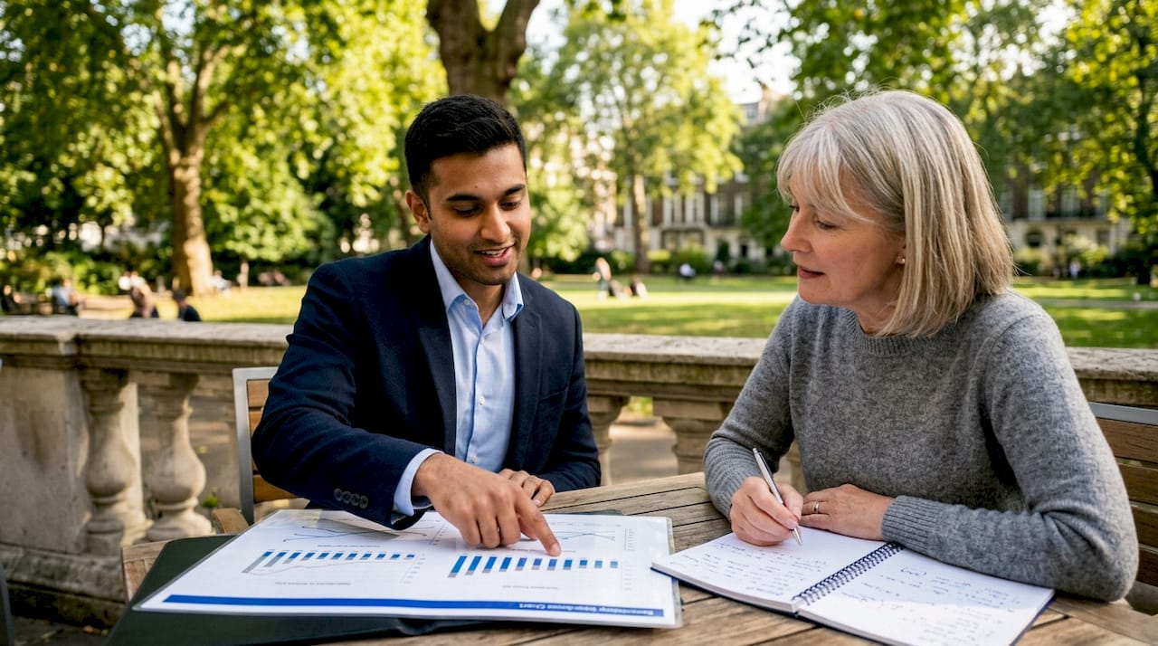 Financial advisor explaining benchmark data to client