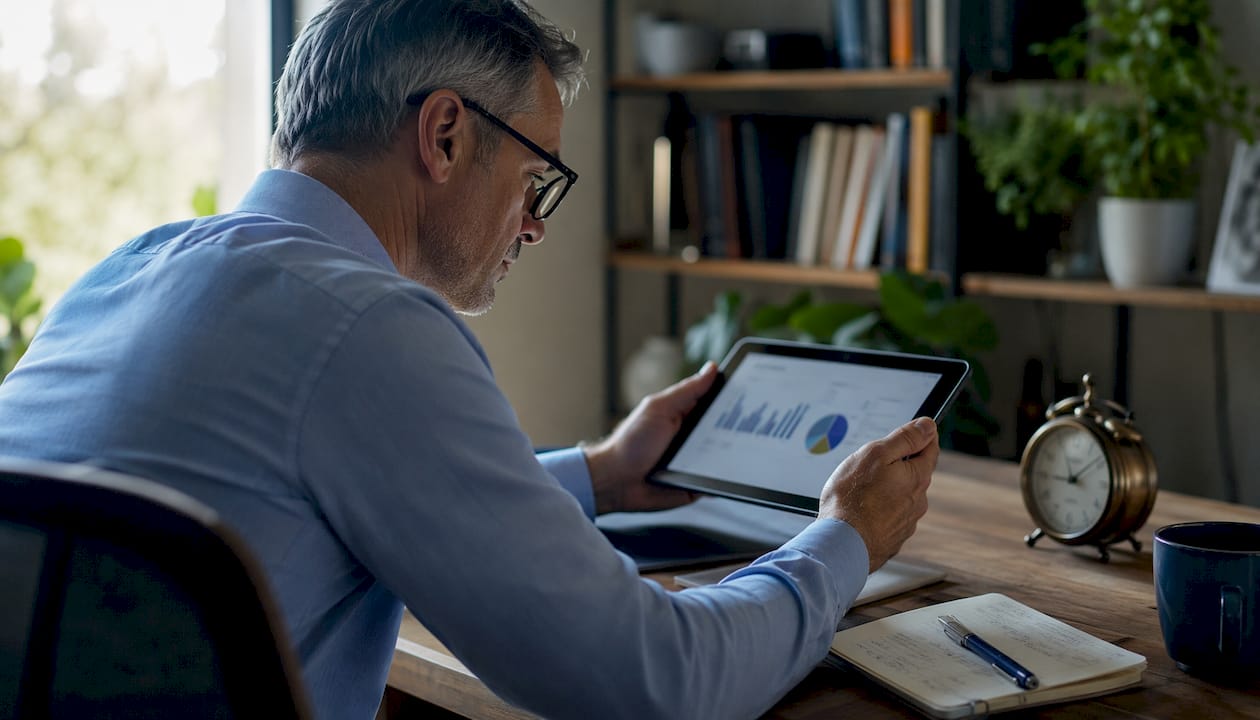 Investor reviewing financial data on tablet in office