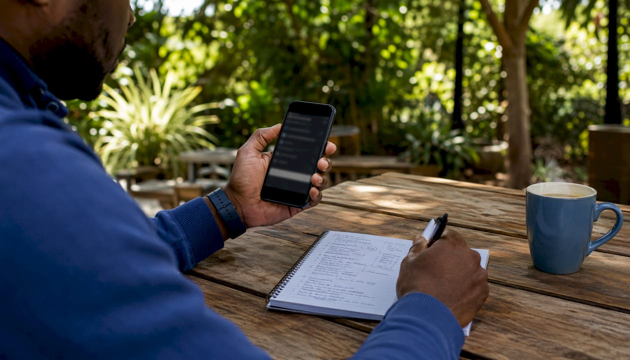 Investor checking FCA app and notes in café