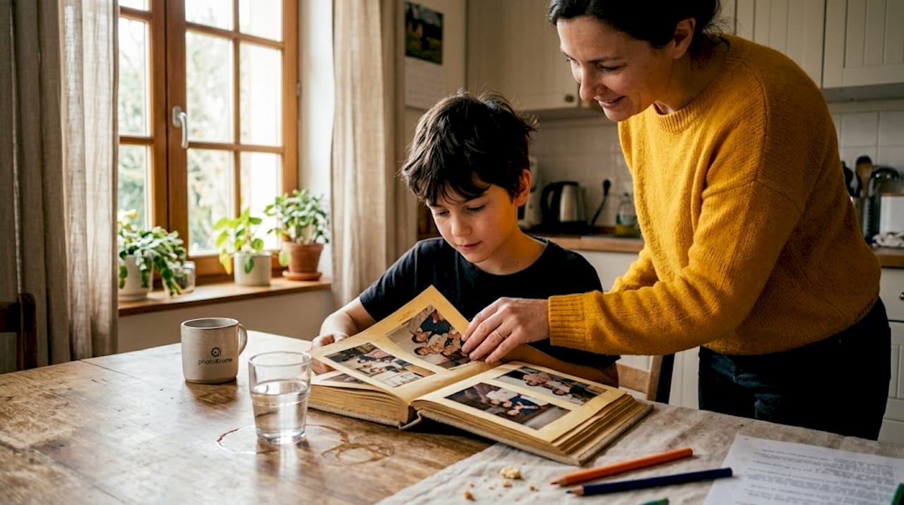 Une maman et son enfant parcourent ensemble les pages d'un album photo aux finitions mates.
