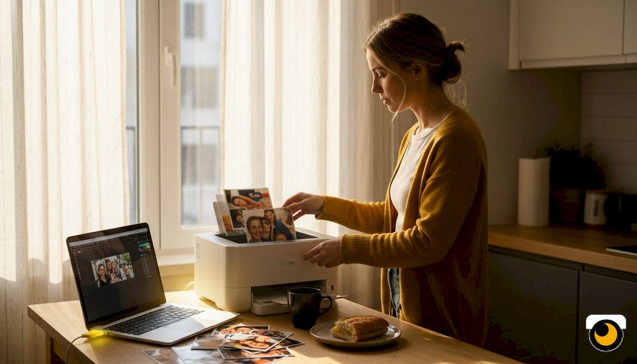 Une femme trie et imprime ses photos installée à la table de la cuisine.