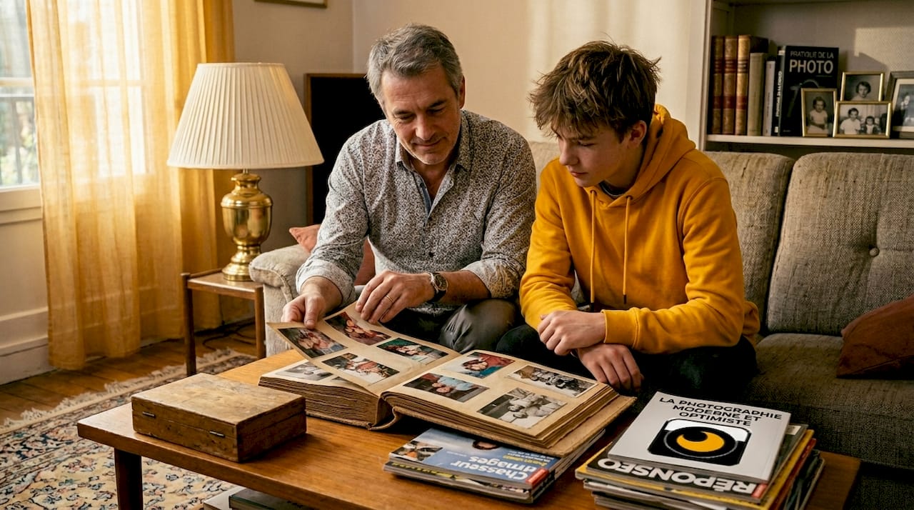 Un père et son fils prennent le temps de parcourir ensemble un vieil album de famille, se remémorant les souvenirs à chaque page tournée.