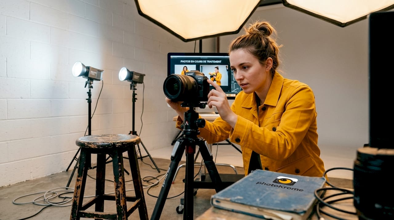 Un photographe ajuste les réglages de son appareil photo numérique dans un studio à la fois classique et moderne.