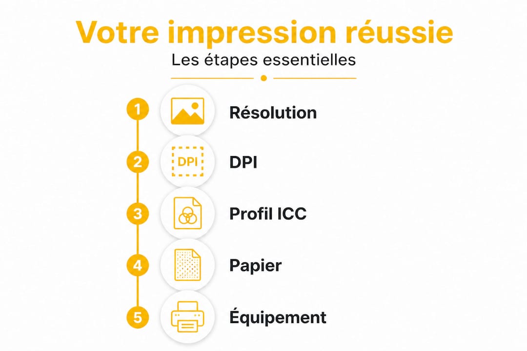 Illustration verticale présentant les différentes étapes du tirage photo