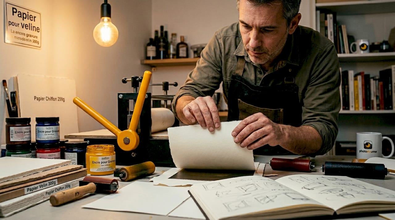 Dans son atelier, un homme observe attentivement une feuille de papier photo à la texture particulière.