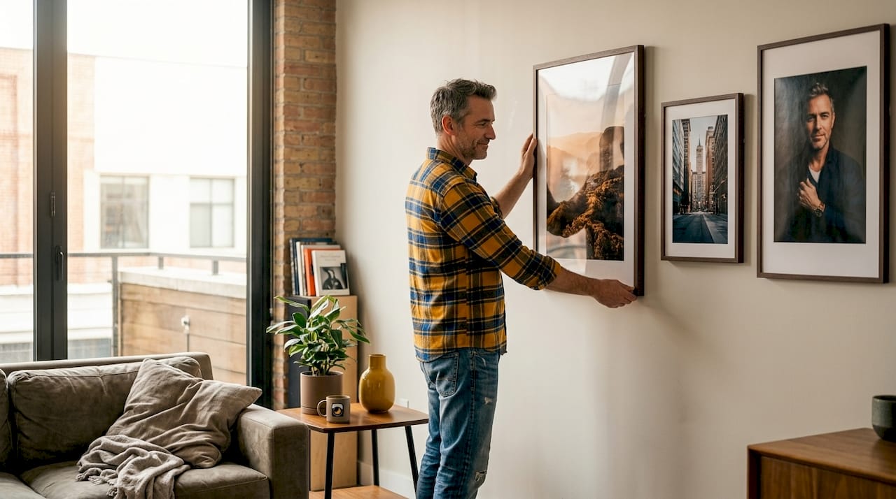 Un homme est en train d’accrocher un grand cadre photo au mur.