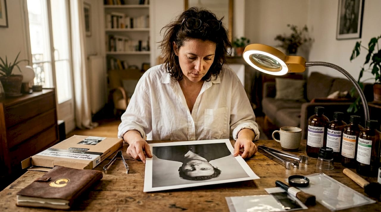 Un photographe en pleine analyse d’un tirage argentique noir et blanc