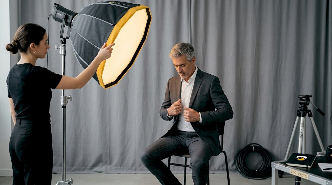 Homme d’affaires ajustant sa veste devant l’objectif, sur fond flou en studio