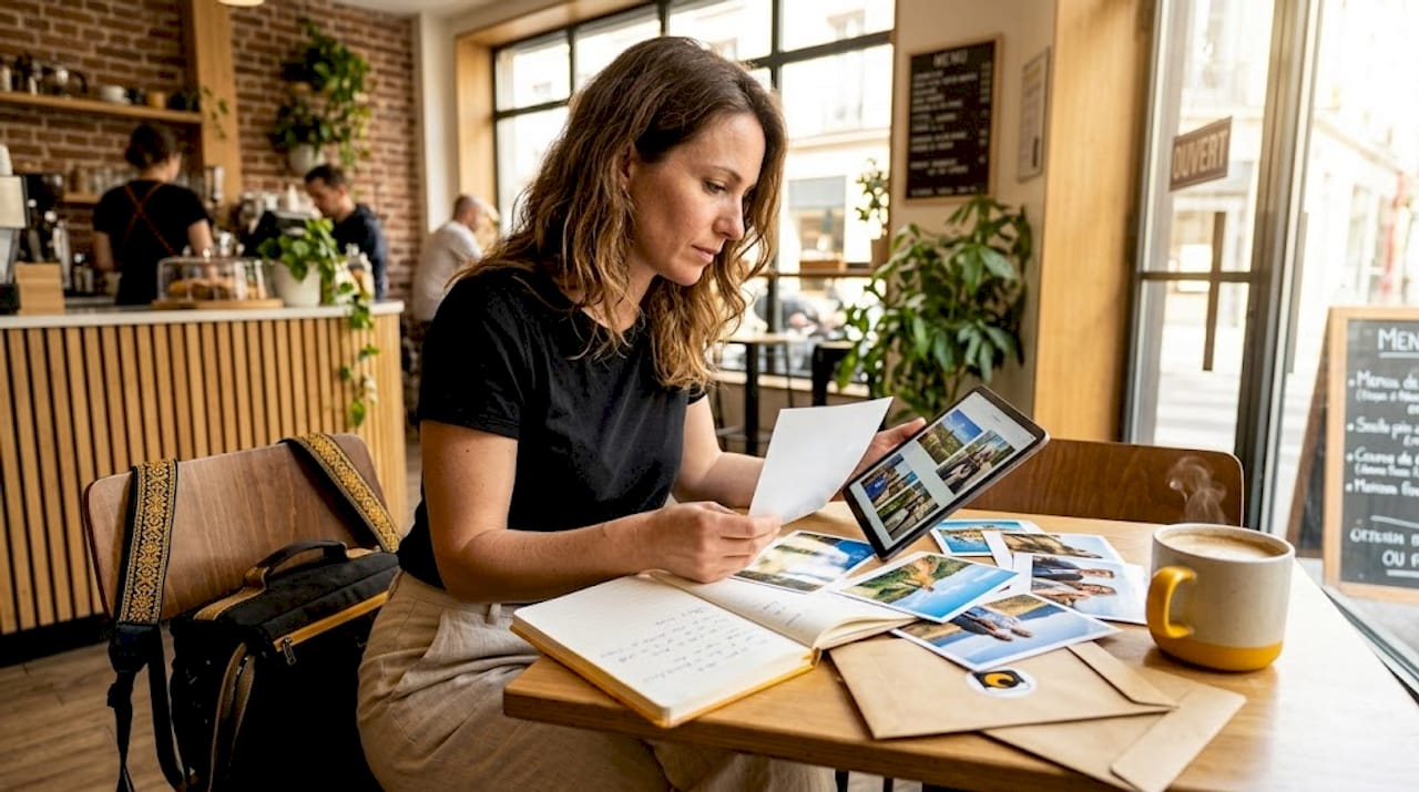 Une femme examine des photos imprimées et les compare à celles affichées sur son ordinateur portable.