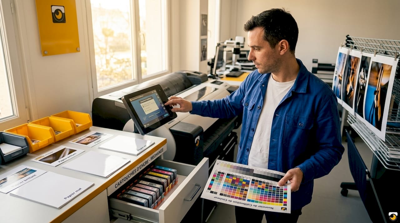 Un technicien de laboratoire photo ajuste les couleurs directement sur l’imprimante pour garantir un rendu optimal.