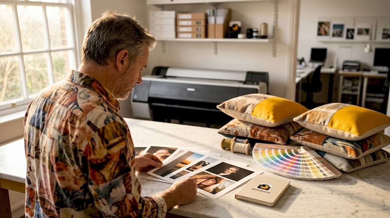 Un homme parcourt les différents types de papier photo disponibles au labo, cherchant celui qui conviendra le mieux à ses besoins.