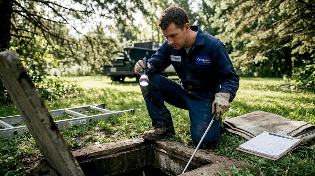 Service pro inspects open septic tank interior