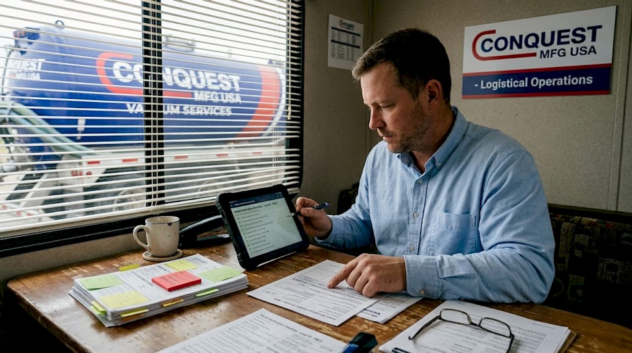 Coordinator verifying permits before tanker transport
