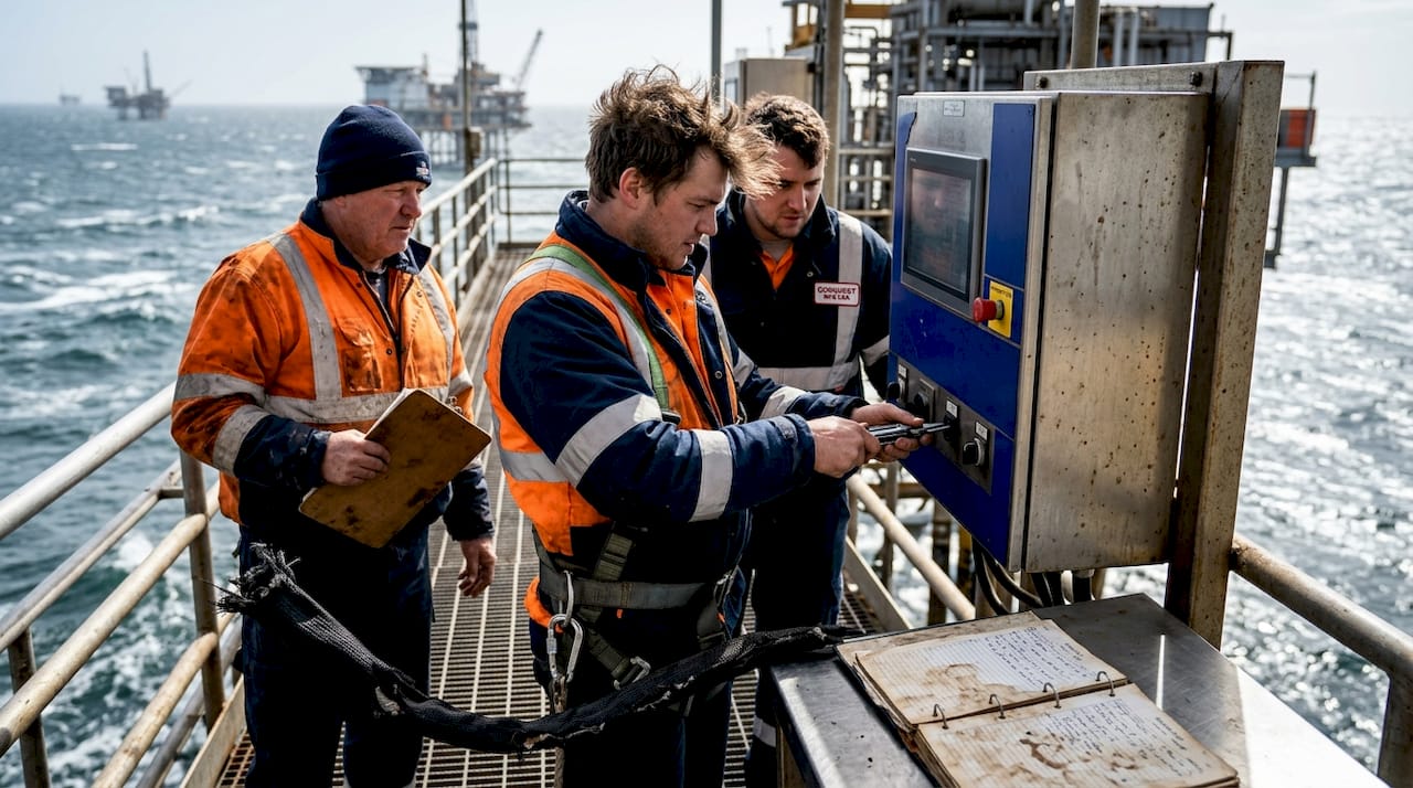Maintenance crew checks offshore oil platform panel