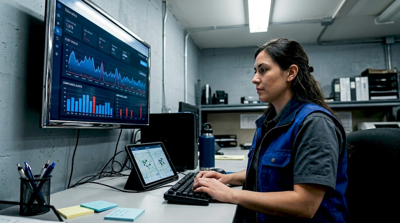 Technician monitoring fleet telematics system