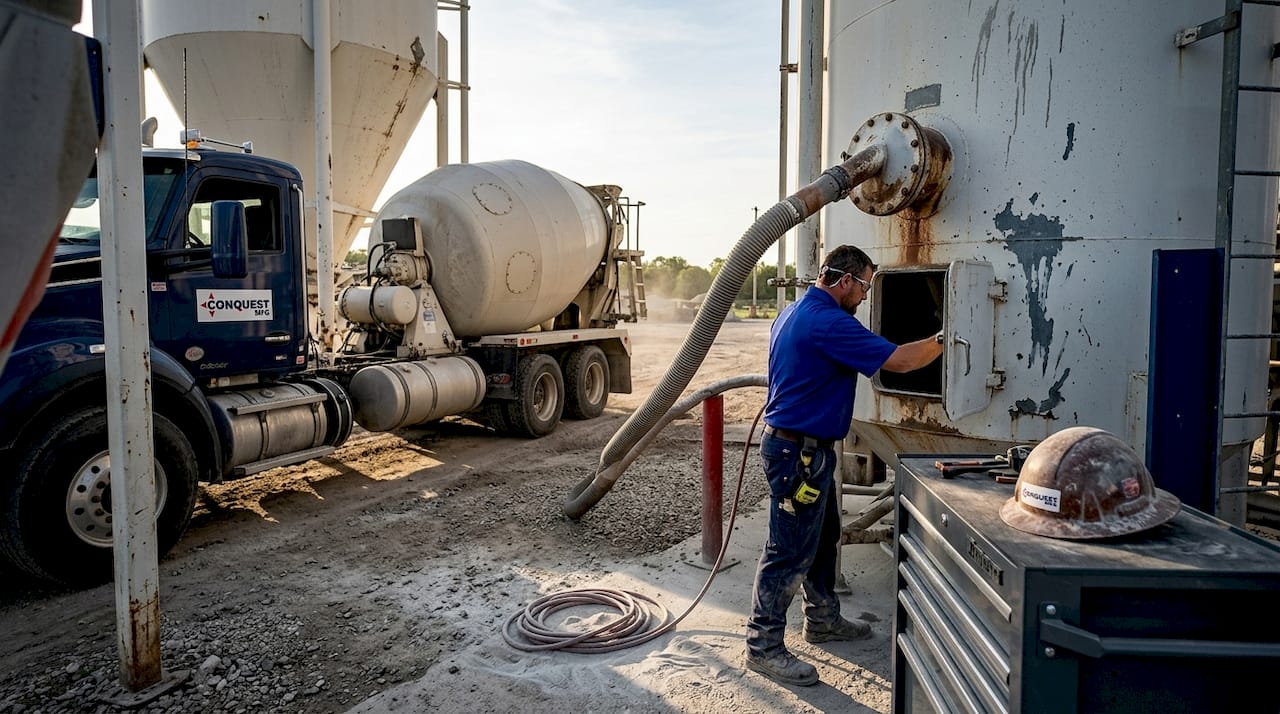 Technician operating pig silo during cement transfer