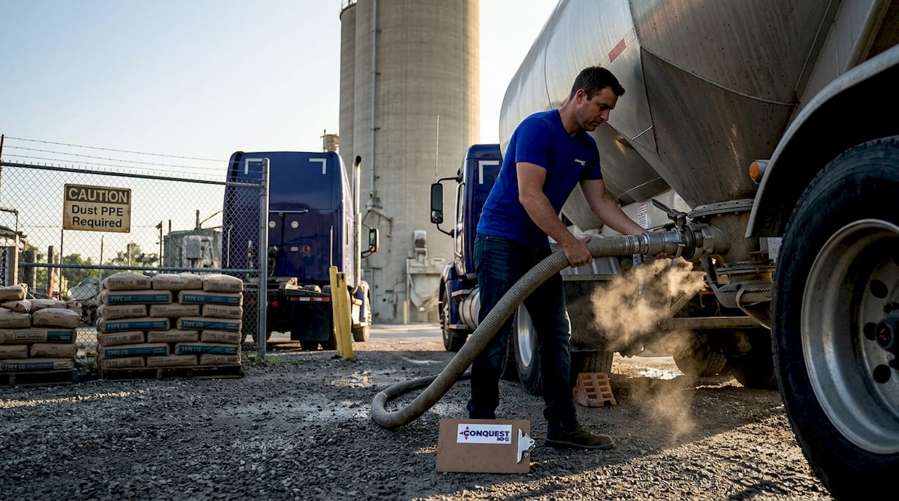 Driver connecting pneumatic trailer for cement unloading