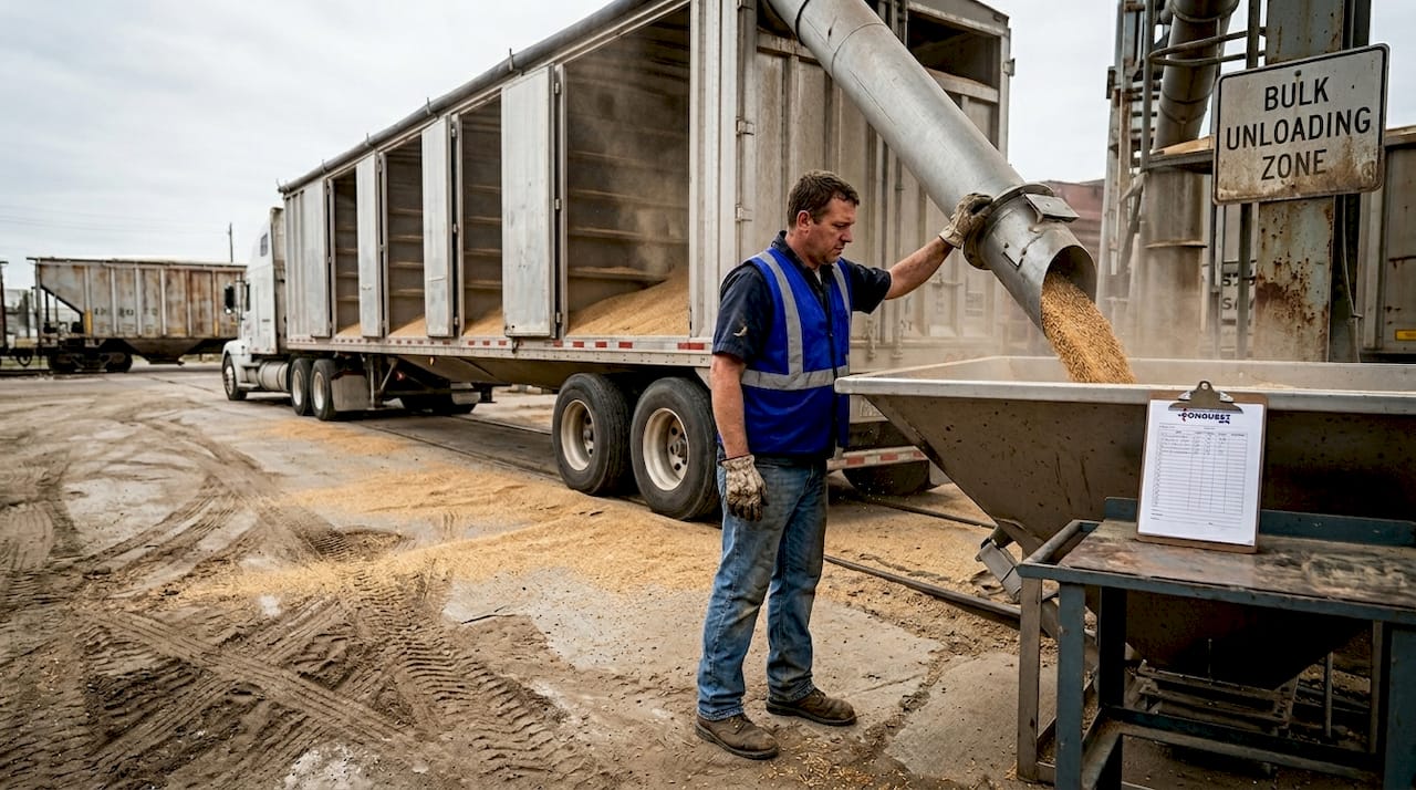 Worker unloading loose bulk material from trailer