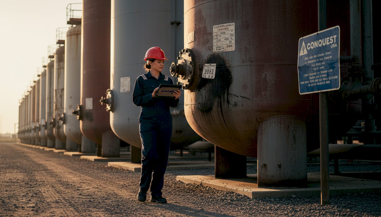 Manager inspecting vacuum tanks for compliance