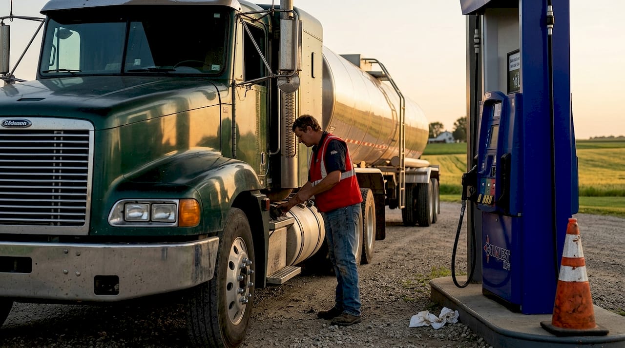 Driver fueling aluminum vacuum tank trailer