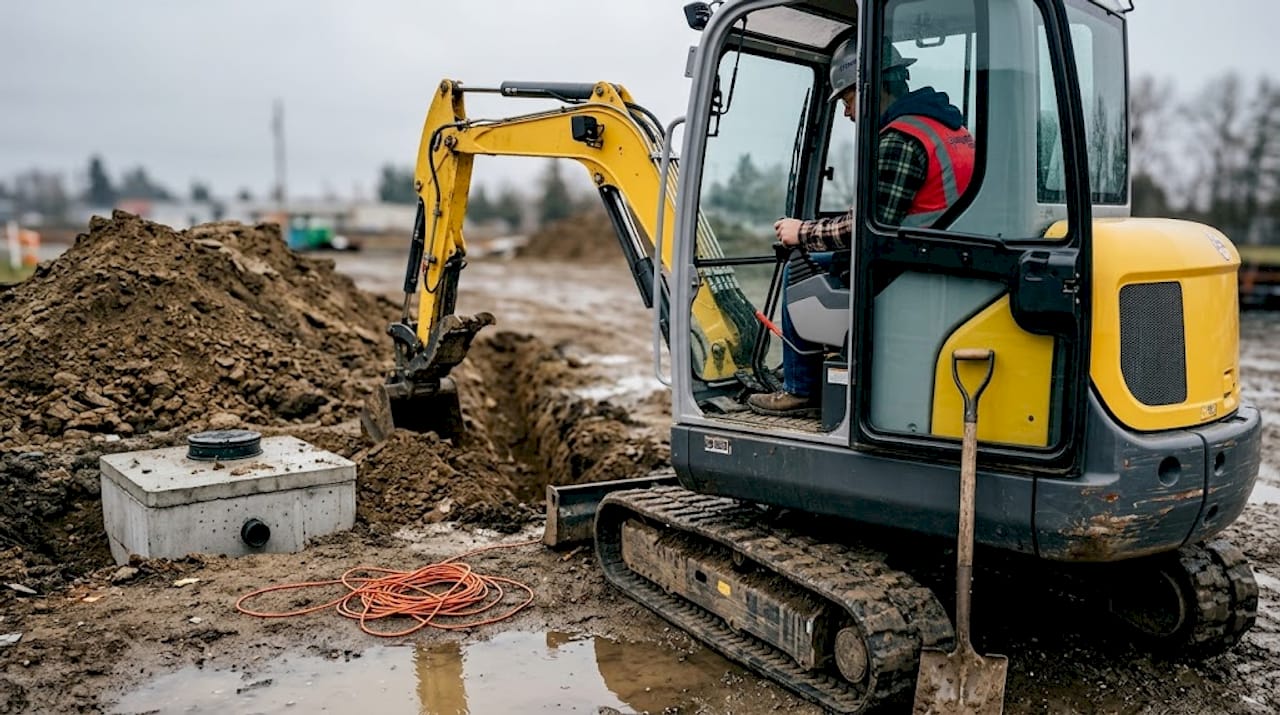 Excavator digging trench for septic tank