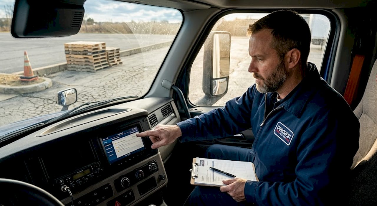 Driver checks truck telematics screen