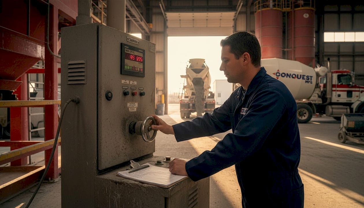 Batch plant operator monitors concrete mix timing