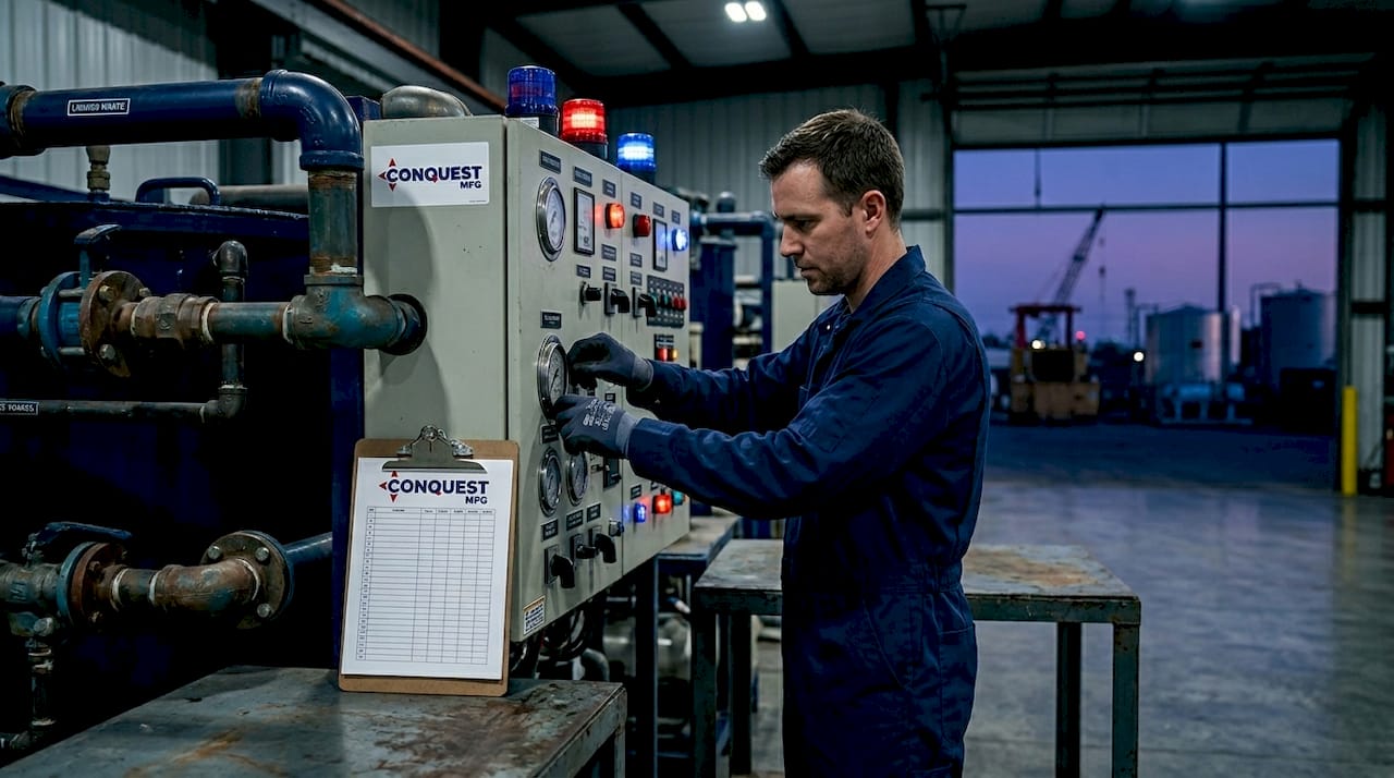 Technician performing liquid waste equipment inspection