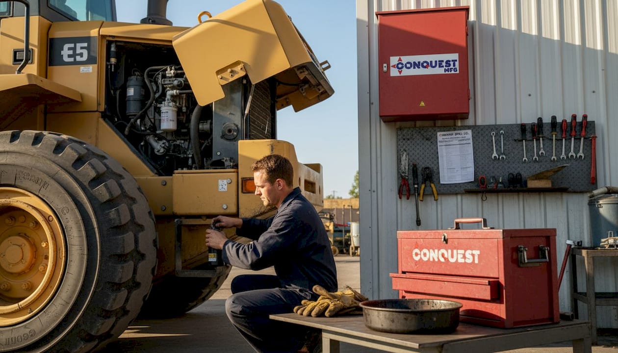 Mechanic performing routine loader maintenance in garage