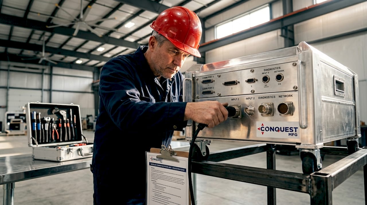 Engineer connecting modular communications unit outdoors