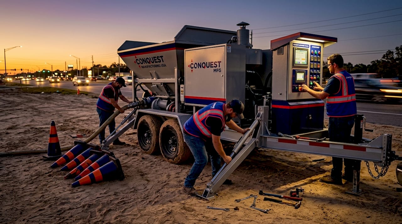 Crew assembling mobile concrete batch plant on site