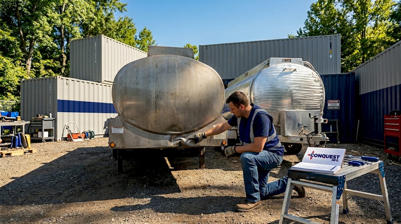 Technician compares steel and aluminum trailer tanks