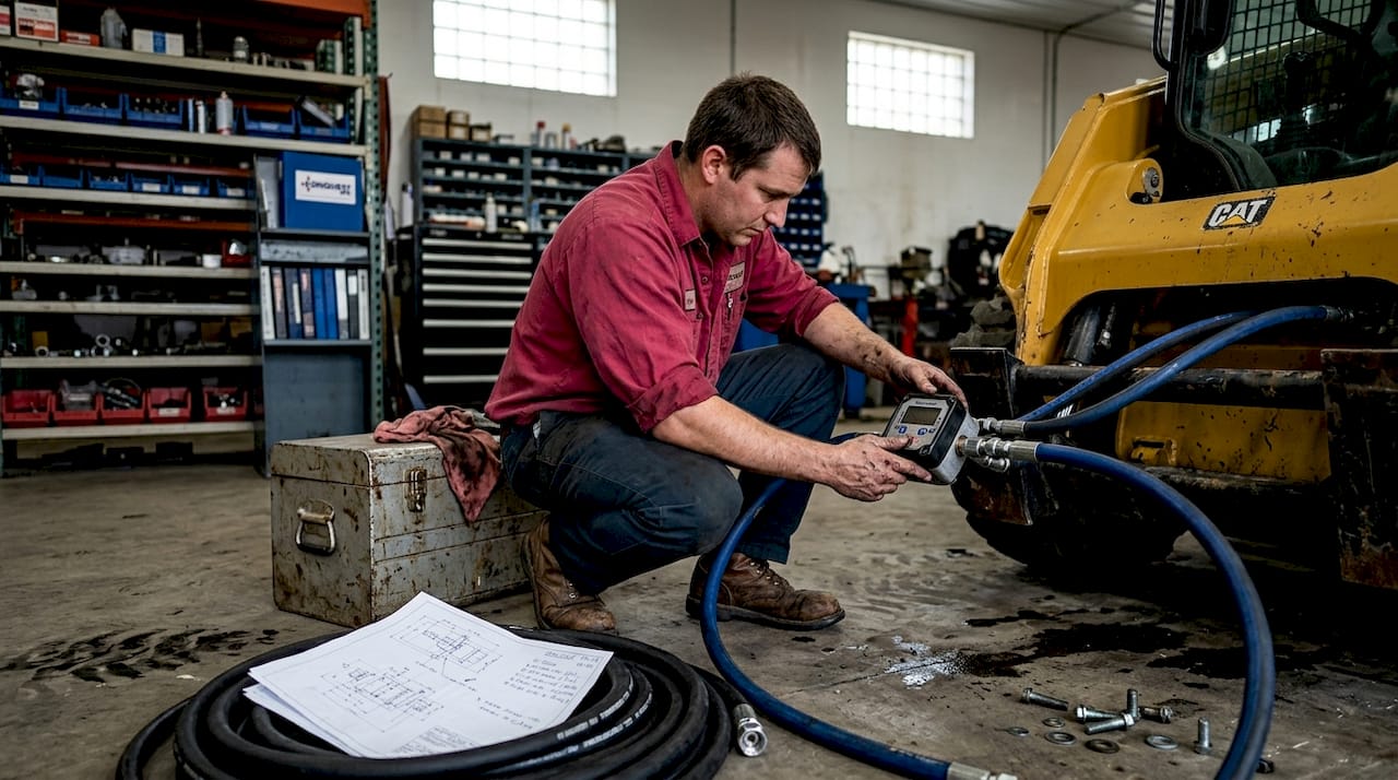 Technician measures hydraulic flow at service bay