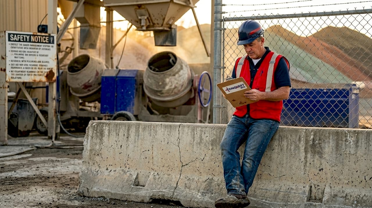 Foreman reviews cost estimates near batch plant