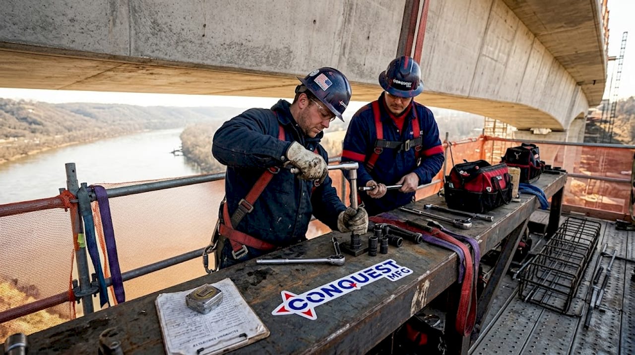 Workers adjust equipment under unfinished bridge span
