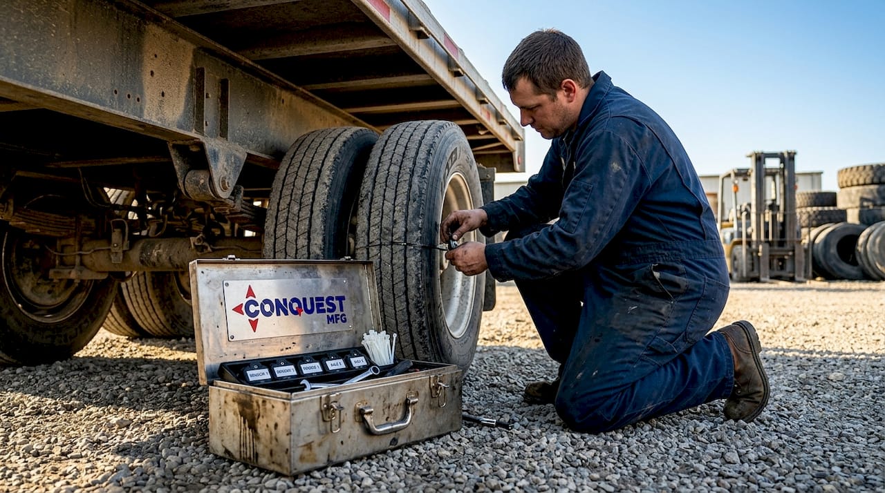 Technician installing trailer sensor in service bay